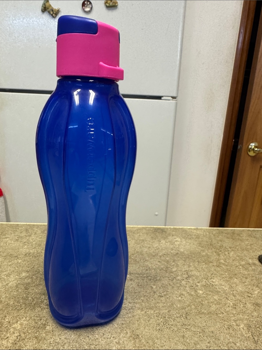 Tupperware Blue Bottle Drink Water Bottle with Pink Flip-Top Lid